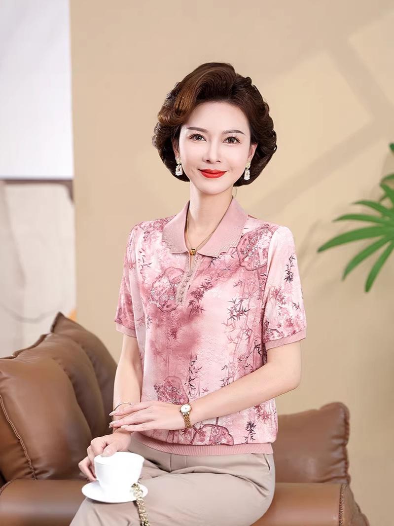 

Mom s Summer Floral Lapel Knit Short Sleeve Ice Silk T-Shirt for Mid-Aged & Elderly M (85-105 lbs) розовый