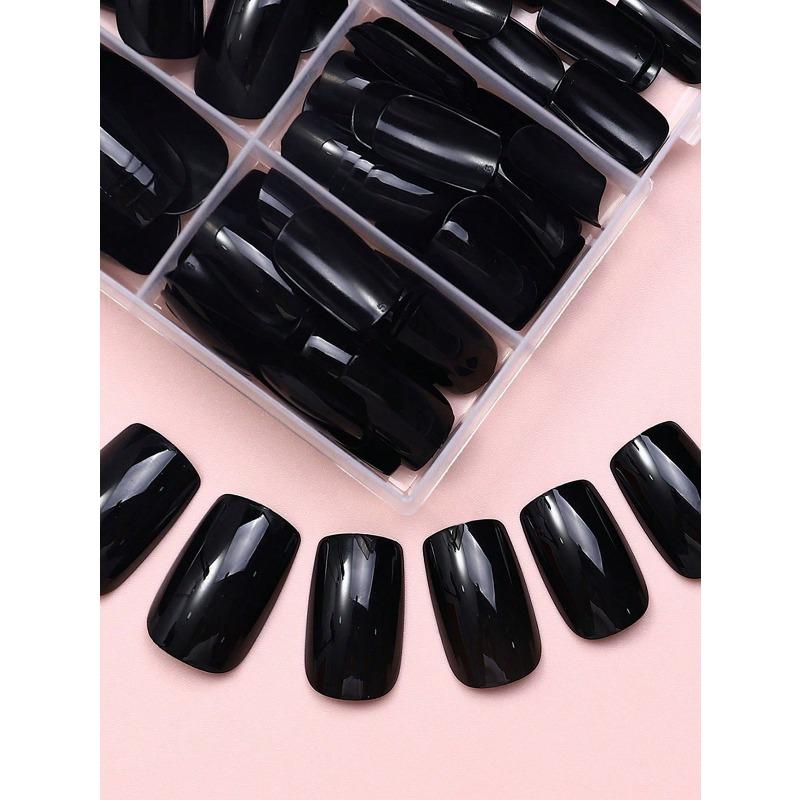 120pcs Black Square Nail Stickers Set Short, Full Coverage Fake Nails For DIY Manicure For Women Girls, Nail Art Accessories, Nail Supplies