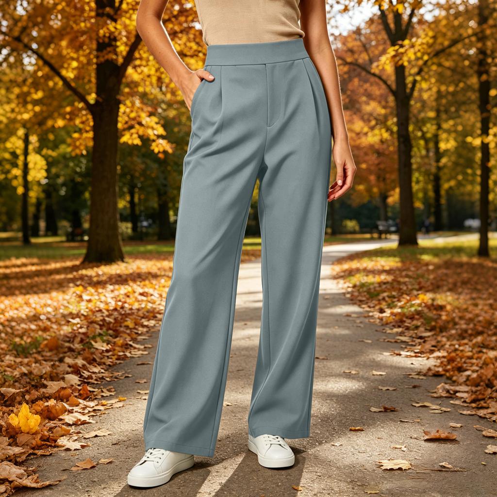 Women's High Waisted Pleated Wide Leg Pants - Loose Fit Stretch Lined Trousers