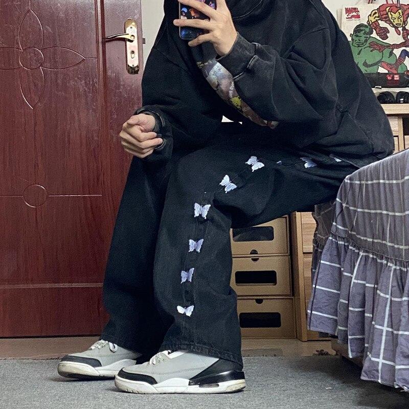 

Черные джинсы с вышивкой-бабочкой, уличная одежда для бойфрендов и подруг, модные свободные прямые джинсовые брюки для женщин и мужчин в винтажном стиле Харадзюку