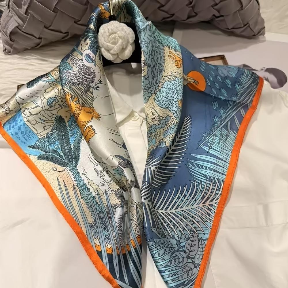 green Women 100% Mulberry Silk Scarf For Hair Headscarf Spring Fall Elegant Floral Small Silk Square Neck Scarves Neckerchief