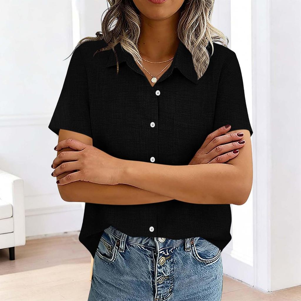 Women's Fashion  Color Standing Collar Short Sleeve Button-Up Shirt T-Shirt Top
