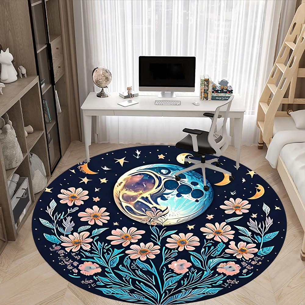 1pc Moon Flowers Office Round Area Rug, Mat Suitable For Office, Under Office Chairs Bedroom Living Room Home Decor, Room Deco