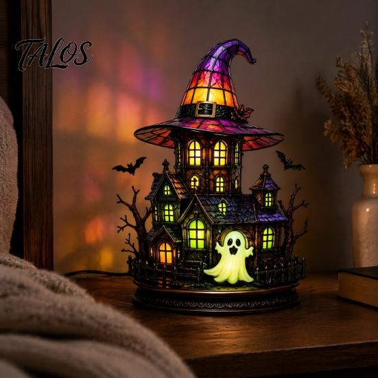 Spooky Desk Lamp Gothic Witch Hat Night Light, Warm Glow Acrylic Halloween Decorative Lamp, Vintage Holiday Party Display Home Decor for Mantel Shelf