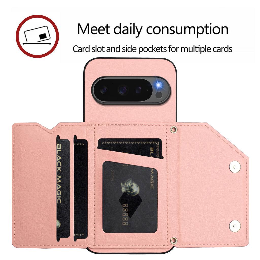 For Google Pixel 10 Pro XL Case Card Holder Kickstand Skin-Touch Phone Cover with Wrist Strap