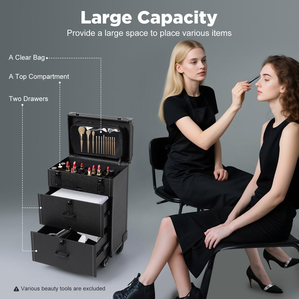 Large Rolling Makeup Case On Wheels, Professional Mobile Organizer Cart with Drawers for Makeup Artists, Cosmetics & Nail Polish