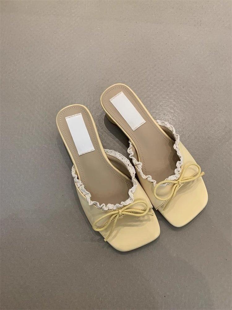 Retro bow one-word slippers women wear thick heel cool slippers