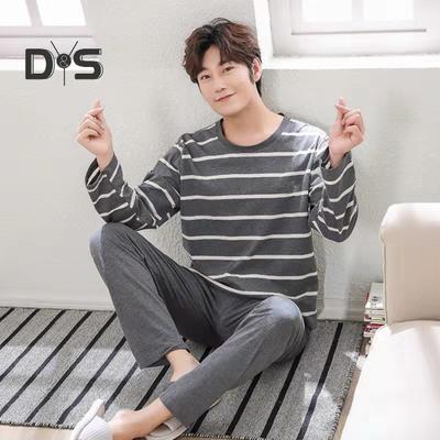 2Pcs/Set Men Pajamas Set O-Neck Long Sleeve Striped Print Tops Elastic Waist Long Pants Set Home Lounge Wear Set