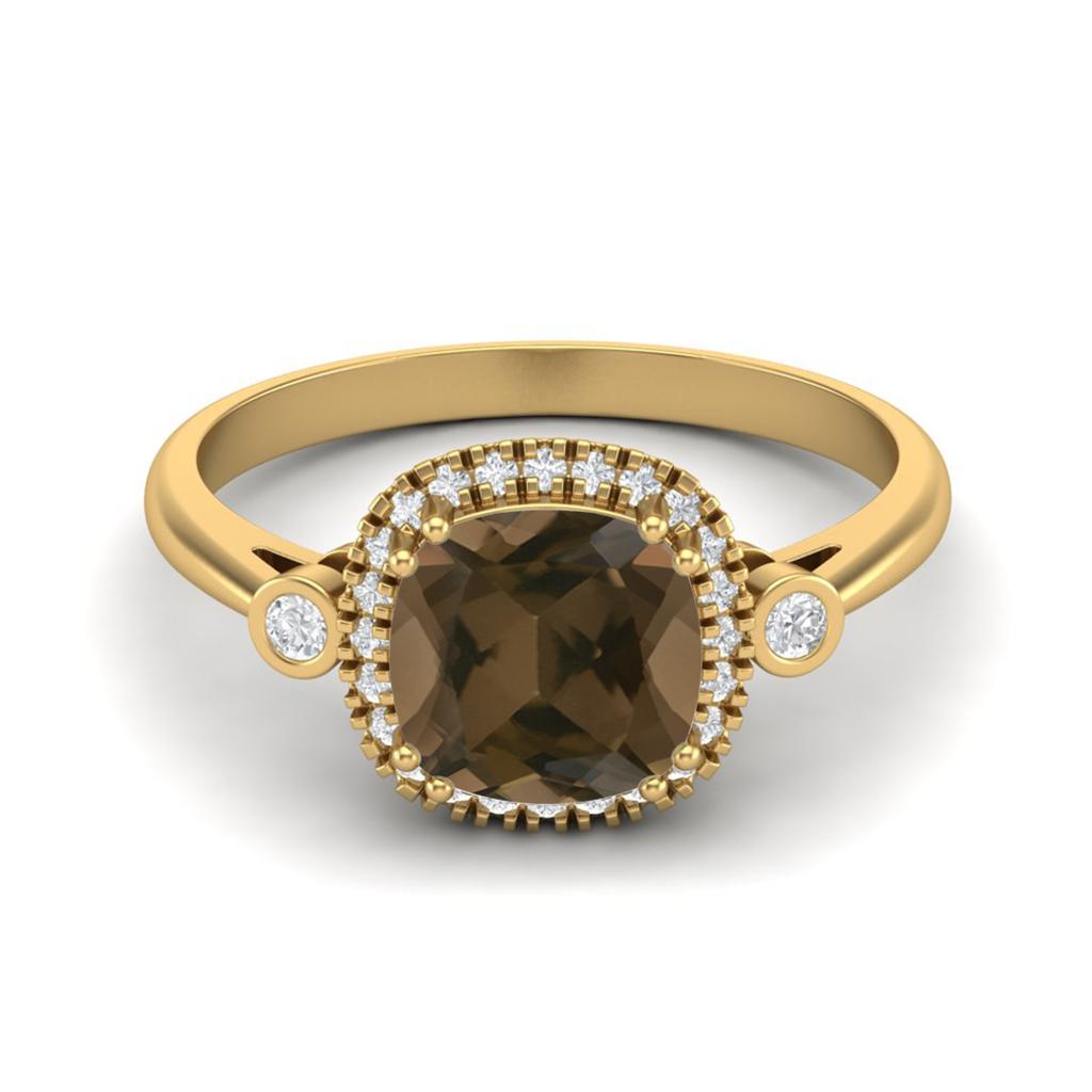 7mm Cushion Smoky Quartz 925 Sterling Silver Gold Vermeil Solitaire Accents Women Anniversary Ring