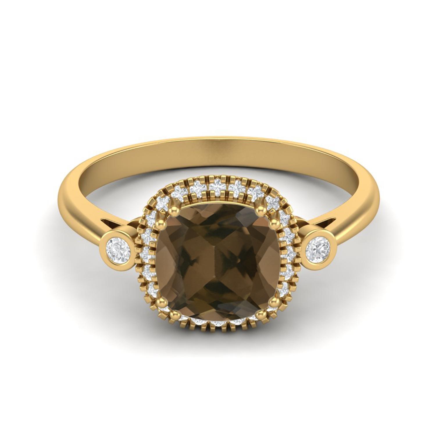 7mm Cushion Smoky Quartz 925 Sterling Silver Gold Vermeil Solitaire Accents Women Anniversary Ring 10
