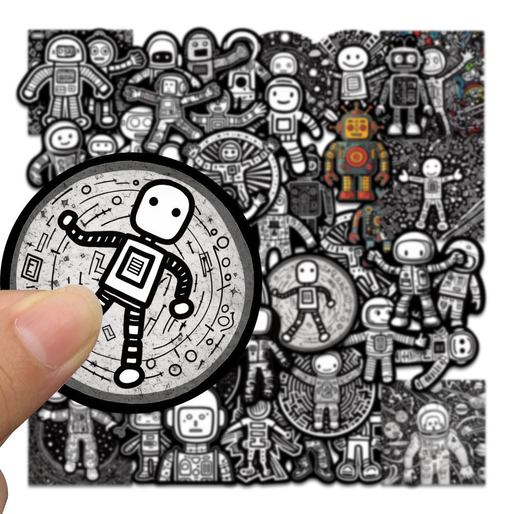 50-Piece Minimalist Black & White Astronaut Robot Stickers - Graffiti-Style Decor for Luggage, Water Bottles Laptops Phone Cases