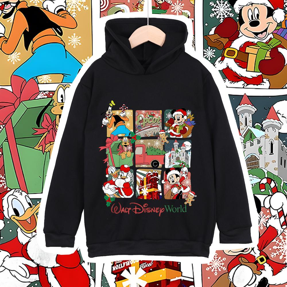 Christmas Disney World Mickey Print Kids Hooded Sweatshirt Fleece Lined Warm Winter Clothes for Boys Girls Children Outerwear