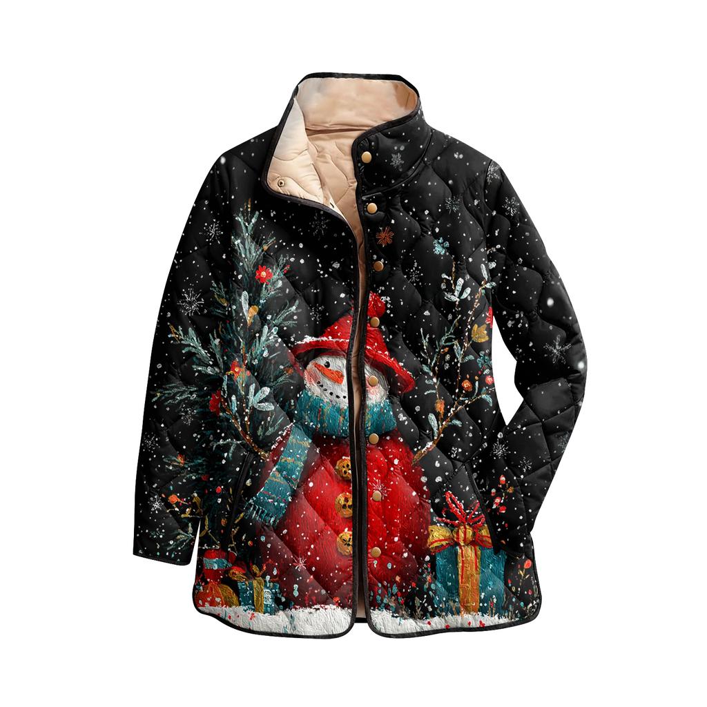 Cappotto da donna in cotone a maniche lunghe imbottito a collo alto con stampa natalizia e bottoni