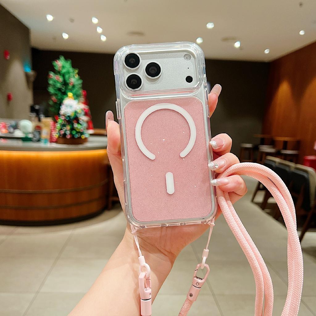 For iPhone 17 Pro Max Case Compatible with MagSafe Clear Glitter TPU Acrylic Phone Cover with Shoulder Strap
