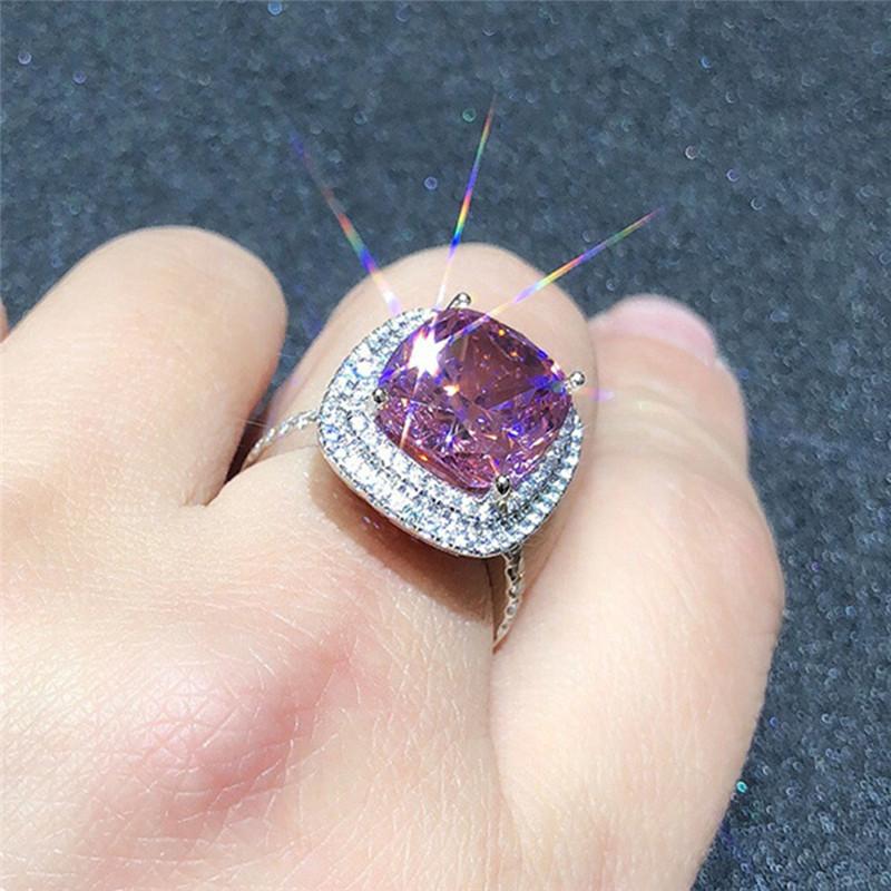 Sterling Silber Rosa Zirkonia Damenringe Brillant Verlobung Hochzeitszubehör Valentinstag Liebesgeschenk Neuer Trendiger Schmuck
