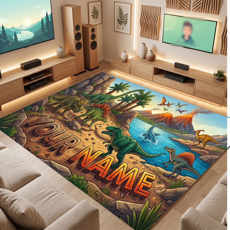 Dinosaur Theme Soft Crystal Velvet Rug Custom Name & Text Print Non Slip Floor Rug for Bedroom Living Room