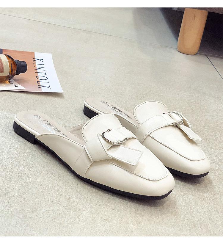 Fashion 2024 Summer Shoes Flat Slides Woman Solid Leather Mules Cover Toe Babouche Flip Flops Ladies Belt Buckle Slippers Female Sandals