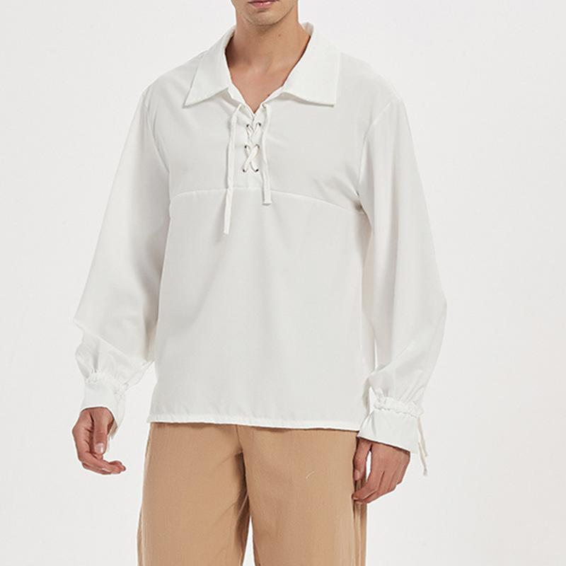 

Летняя мужская однотонная ретро средневековая футболка в стиле Ренессанс на шнуровке с пиратским топом S белый