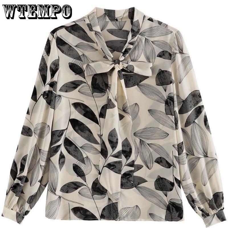 Frühlings- und Herbst Damenhemd Bedrucktes Hemd Schleife Chiffonhemd Langarmhemd Damen