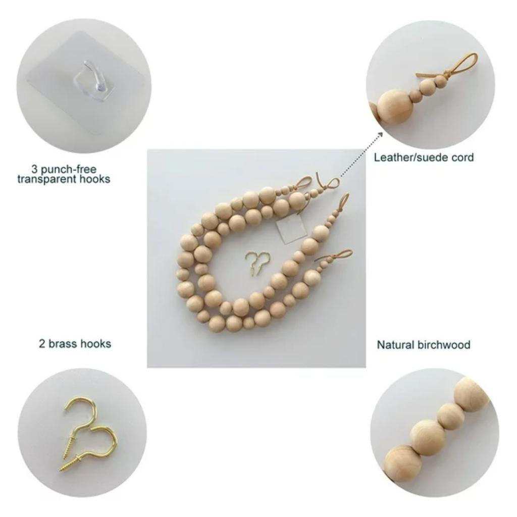 Curtain Tiebacks, Set Of 2 Curtain Holdbacks, Boho Curtain Tie Backs, Curtain Holders For Drapes, Natural Wood Bead Curtain Ties, Brass Hooks Included