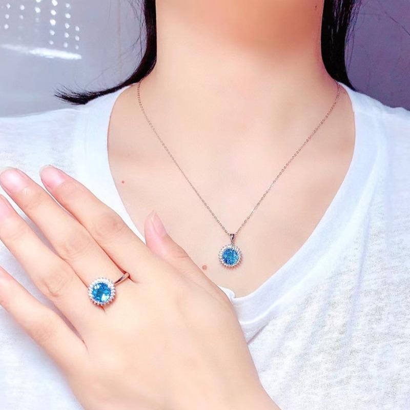 BELLA BOX Ohňostroje, řezání, špičkové internetové živé vysílání celebrit, nový produkt, simulace, mořský modrý topaz, otevírací prsten, dámský přívěsek, náhrdelník