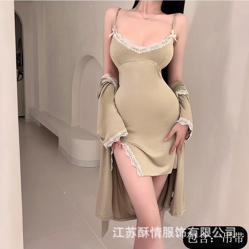 Sexy nightdress new women's light luxury loungewear hot lace suspender ice silk pajamas pure desire to open the fork temptation set