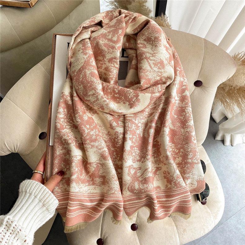 

2024 Осень/Зима Новый утолщенный теплый двухсторонний двухцветный шарф из искусственного кашемира с кисточками, высококачественный воротник-шаль 180x65cm розовый