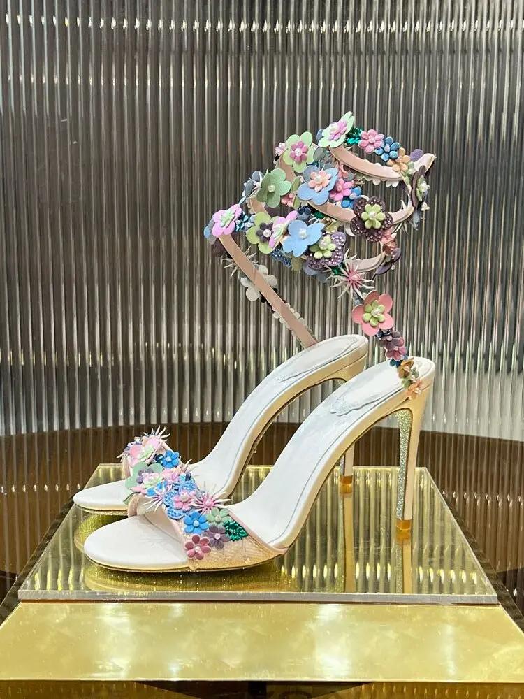 

Свадебные туфли с переплетением в форме змеи, разноцветные цветы, жемчуг, натуральная кожа, роскошные сандалии, 2025, лето, банкет, модные женские туфли-лодочки 39