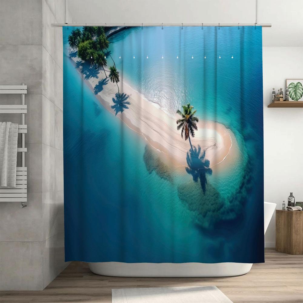 3D Printed Beach Shower Curtain Waterproof Fabric for Bathroom Decor Ocean Blue Tropics with Palm Trees, Size180 X 200 Cm (70x79