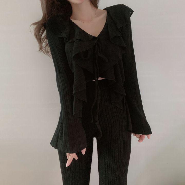 Korean Style Peter Pan Collar Ruffle Trim Cutout Bell Sleeve Top