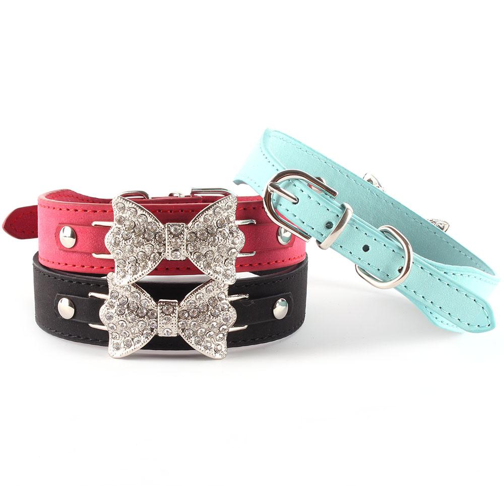 Dog Collar Bling Drilling Bow PU Pet Puppy Choker Cat Necklace XSM