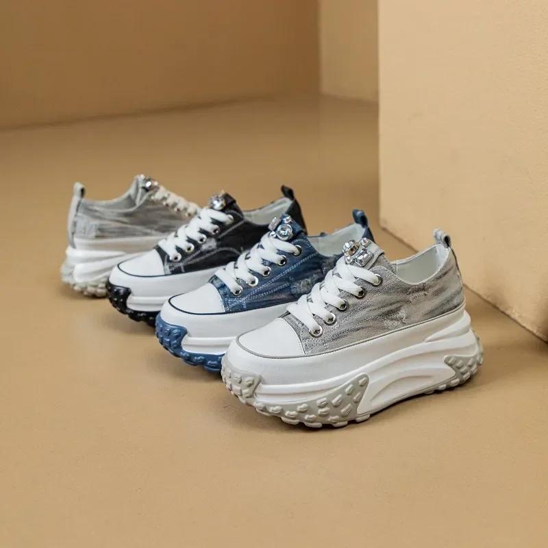 Mode 6CM Denim Echtleder Plateau Keilabsatz Schuhe Klobiger Sneaker Lässig Bequem High Brand Strass Frühling Bling Herbstschuhe