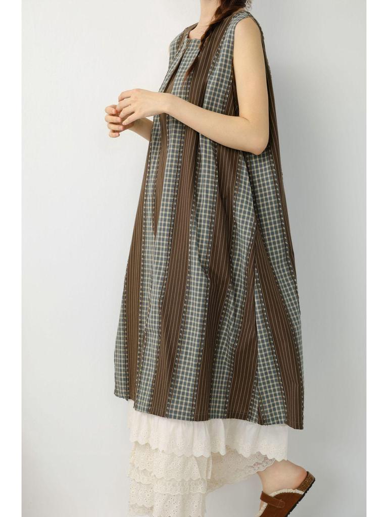 Spring-Summer Retro Jacquard Plaid Stripe Double-Layered Loose Sleeveless Vest Dress