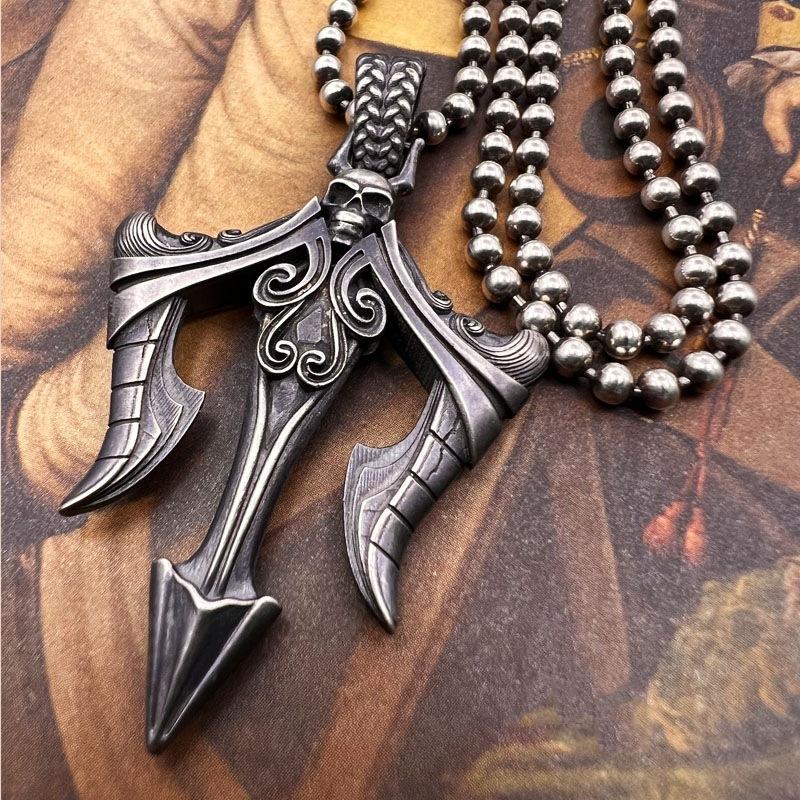 European and American Retro Water Pattern Trident Pendant, Trendy and Versatile Necklace for Men and Women
