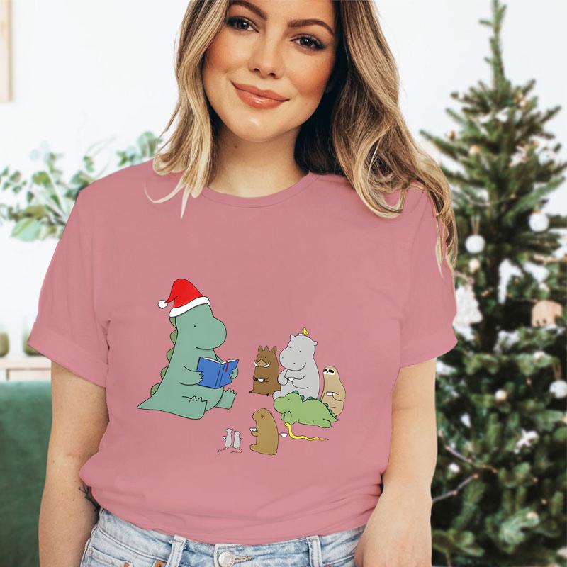 Christmas Cartoon Dinosaur Girls Clothing Crew Neck Funny Festive Premium Tshirt Cute Dinosaur Merry Christmas Gift Tshirts