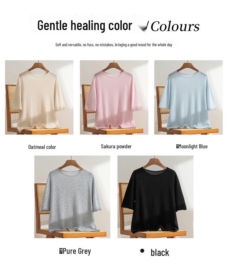 Women's 100% Pure Cashmere Short Sleeve Round Neck Sweater - Rolled Hem Knitwear, Early Autumn Versatile Pullover