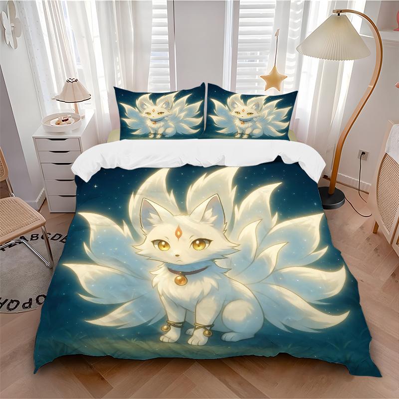 3pcs Enchanted Fox Spirit Printed Bedding Set, Soft and Comfortable Quilt Cover for Bedroom, Guest Room (1 Duvet Cover + 2 Pillowcases, Pillow Co
