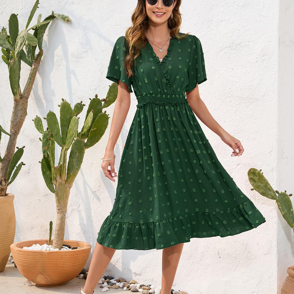 GMXIA New V-neck High Waist Tie Dress Fur Ball Short-sleeved Dress Casual Vacation Travel Dress