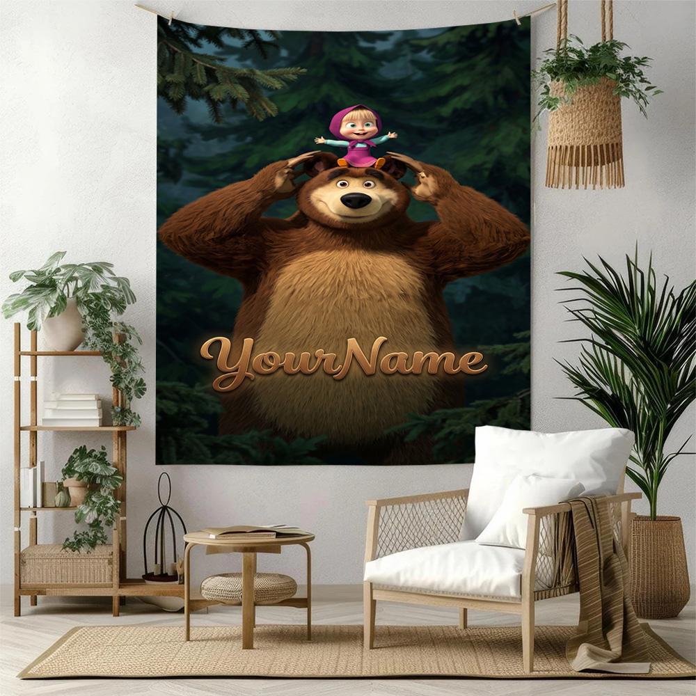 Masha Bear Custom Your Name Wall Decor Tapestry Art For Pet Memorial Birthdaywedding Party Backdrop Family Gift