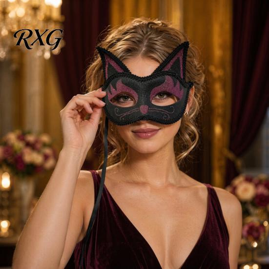 Eye Catching Prom Mask Cat Half Face Mask, Halloween Glitter Venetian Masquerade Flexible Rhinestone Ear for Party Costume Cosplay Lightweight