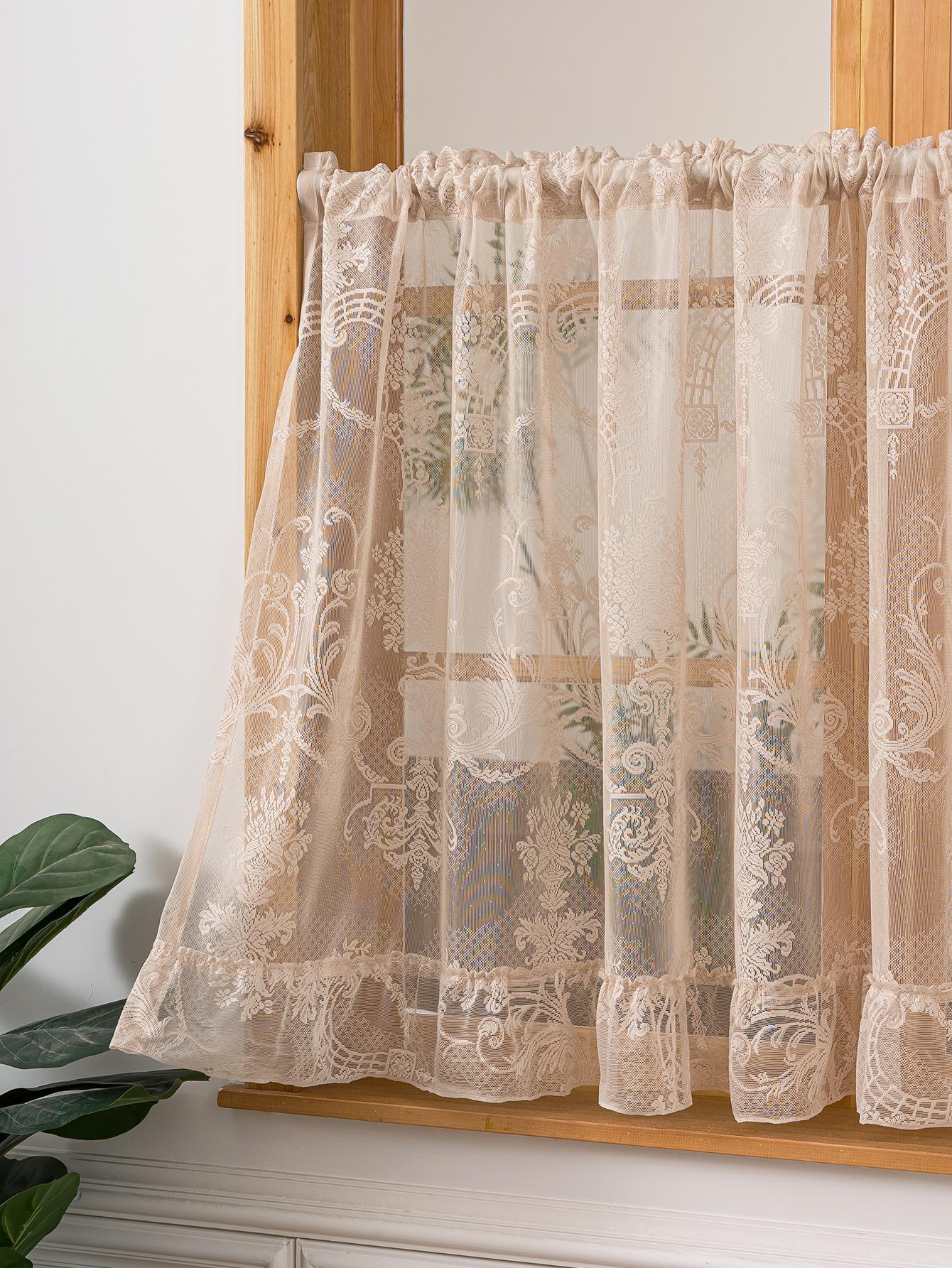 Elegante Beige Kant Doorzichtige Valgordijn, Delicate Bloemenborduursel Voile Kort Gordijn, Romantisch Vintage Stangzak Cafe Gordijn 140x60cm beige