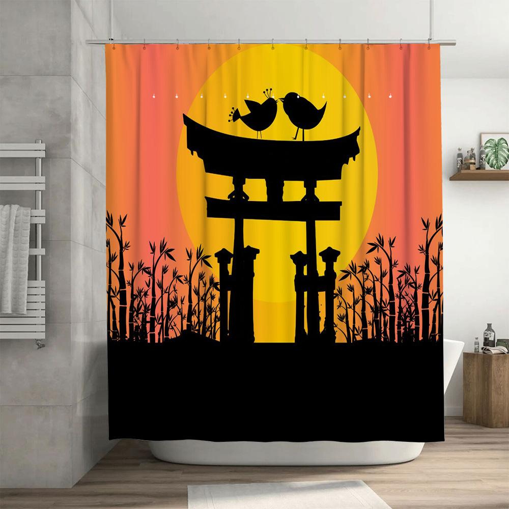 Vibrant Sunset Bamboo Torii Shower Curtain Unique Bathroom Decor for Modern Living Space