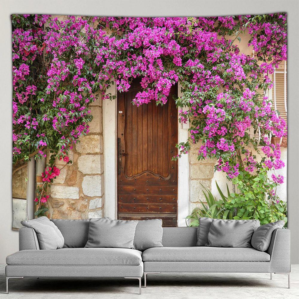 Griechenland Stadt Hippie Wandteppich Frühlingsblumen Straße Wandteppich Haus Hof Terrasse Wandbehang Kunst Wohnzimmer Wandmalerei Wandteppich
