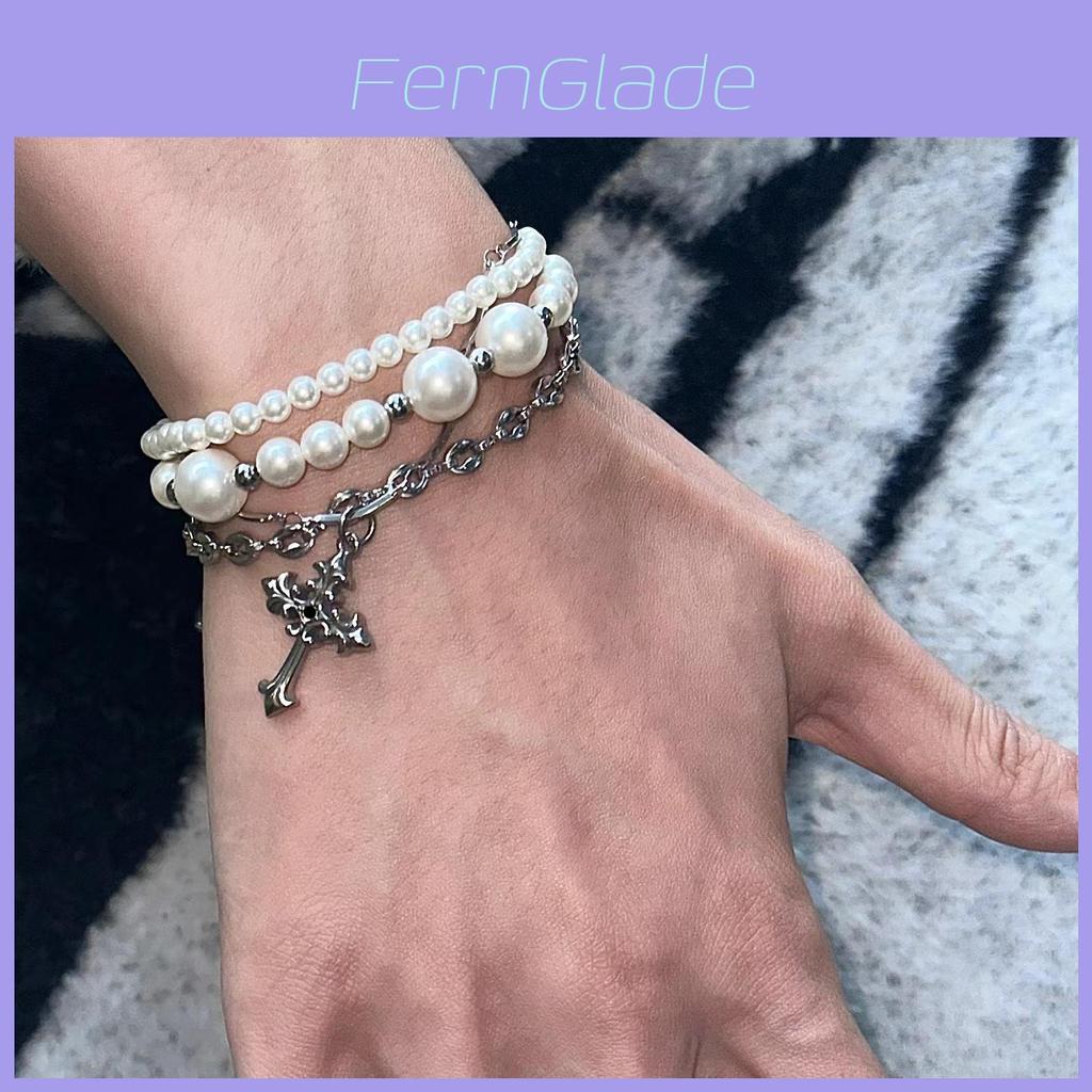 Pearl Cross Multilayer Stackable Bracelet For Men And Women With Alloy And Electroplating In Punk Style