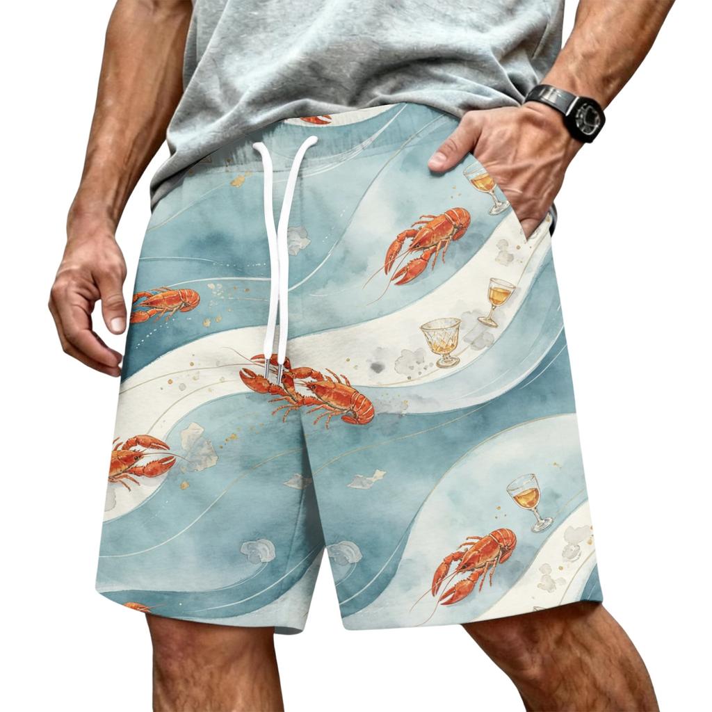 Men's Hawaiian Print Mesh Shorts with Drawstring Elastic Waist for Summer Beach