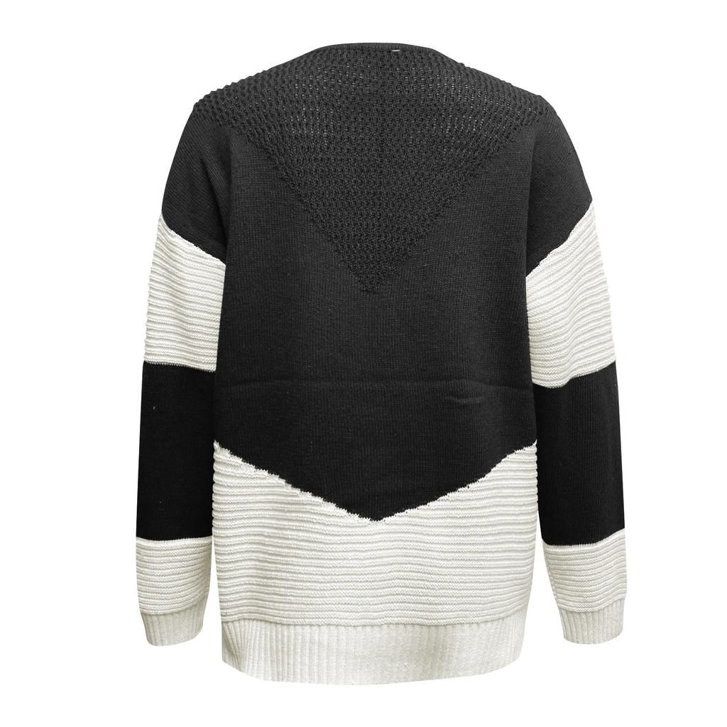 Women's Fashion Casual Knitted Top Round Neck Clashing Colour Bottom Shirt Pullover Sweater