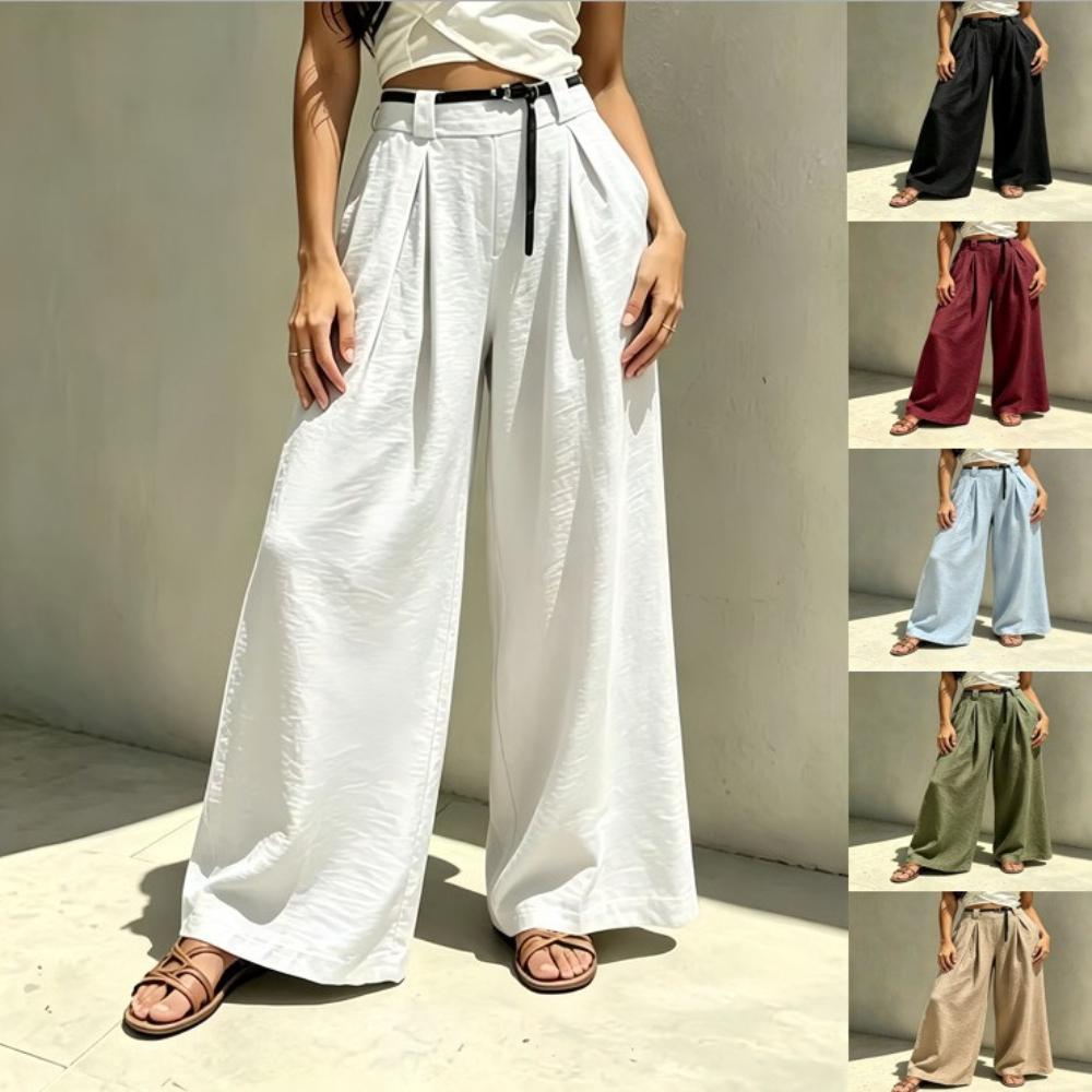 Women's High Waist Belted Pleated Solid Linen Wide Leg Long Pants Loose Fit Casual Trousers