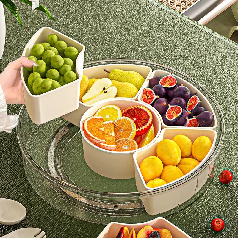 Six Grids Multi Compartment Fruit Tray Round Snack Box with Lid Handle for Home Organization Clear Divided Rotating Serving Tray