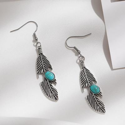 Yousheng 1 Pair Women Hook Earrings Hollow Out Feather Shape Retro Bohemian Style Faux Turquoise Stainless Alloy Ear Decoration Jewelry Long Hanging