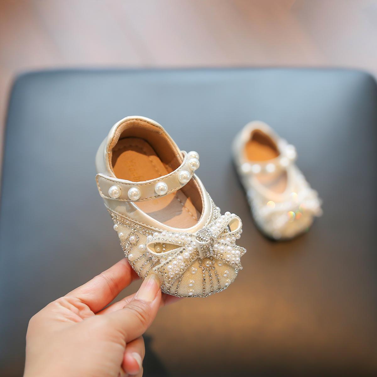 

Girls Rhinestone Leather Shoes, New Autumn Toddler Shoes, Bowknot Little Girl Princess Shoes, Soft Sole Crystal Shoes 15 бежевый